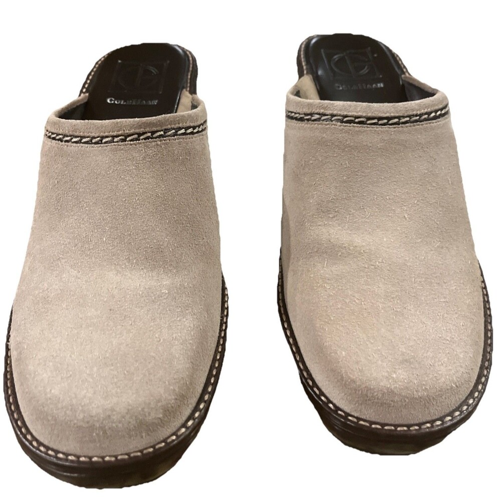 Cole Haan Elyssa II Suede Clogs Slip-On Putty Colored Contrasting Trim 7.5